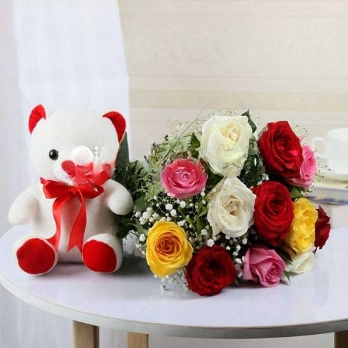  Mixed Roses & Teddy Bear Gift Set 