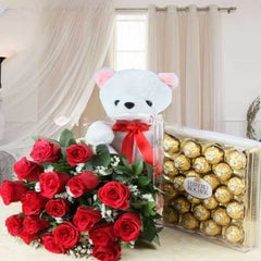  24 Roses, Ferrero Rocher & Teddy Set 